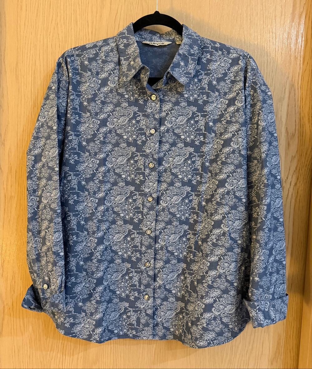 Orvis Blue Chambray Paisley Floral Cotton Button Down Shirt Women’s Small